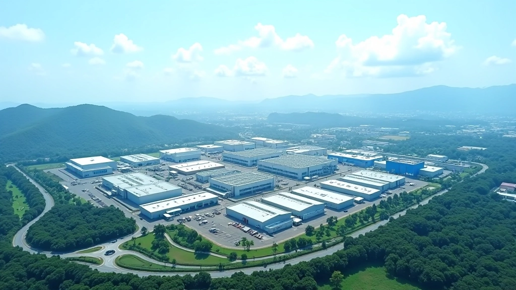 Aerial view of Penang industrial zone showing manufacturing facilities, clean roads, and technological infrastructure spanning the coastal area
