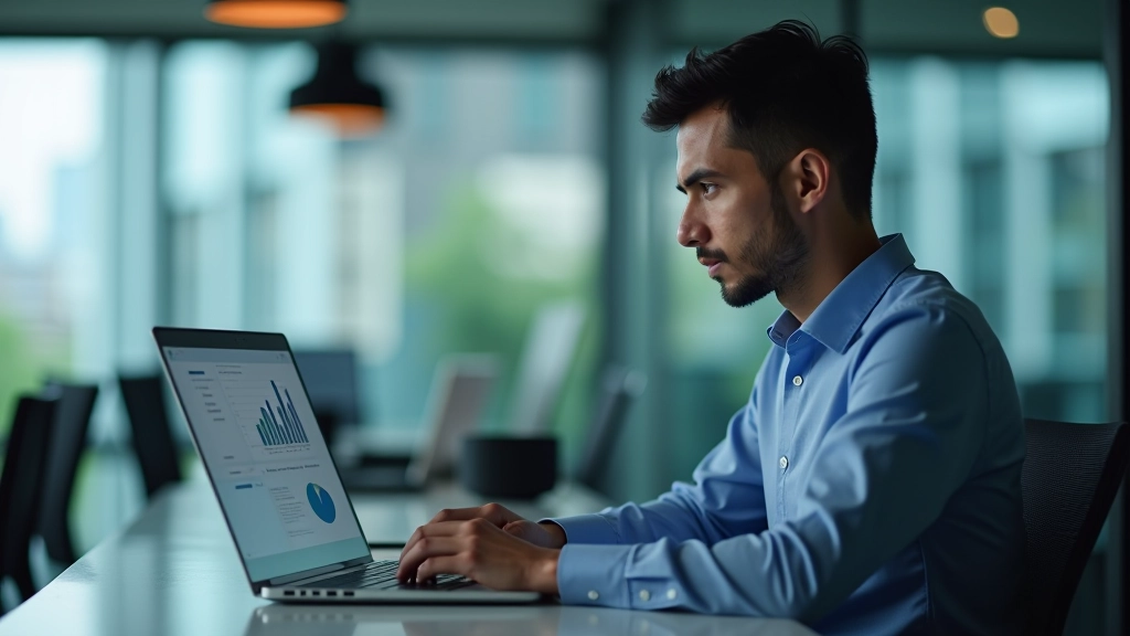 Business analyst reviewing semiconductor market data and global trade statistics on computer screen in modern office setting