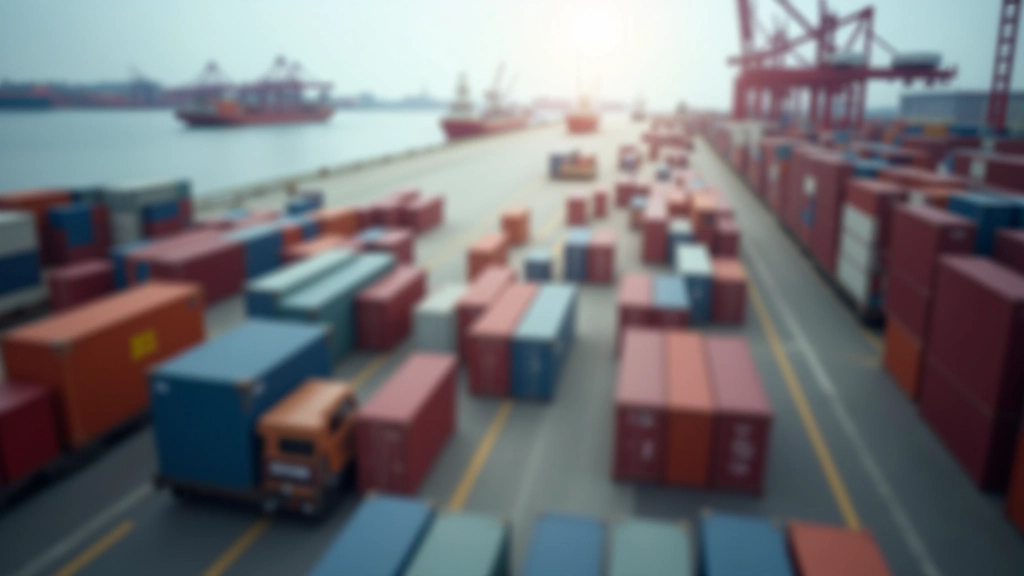 Cargo container port operations showing loaded shipping containers and heavy machinery moving export goods at busy maritime terminal