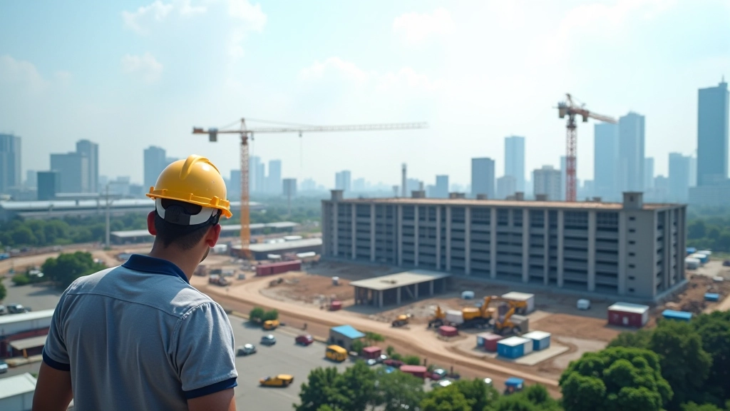 Modern semiconductor manufacturing facility construction site with heavy equipment and workers building new production infrastructure