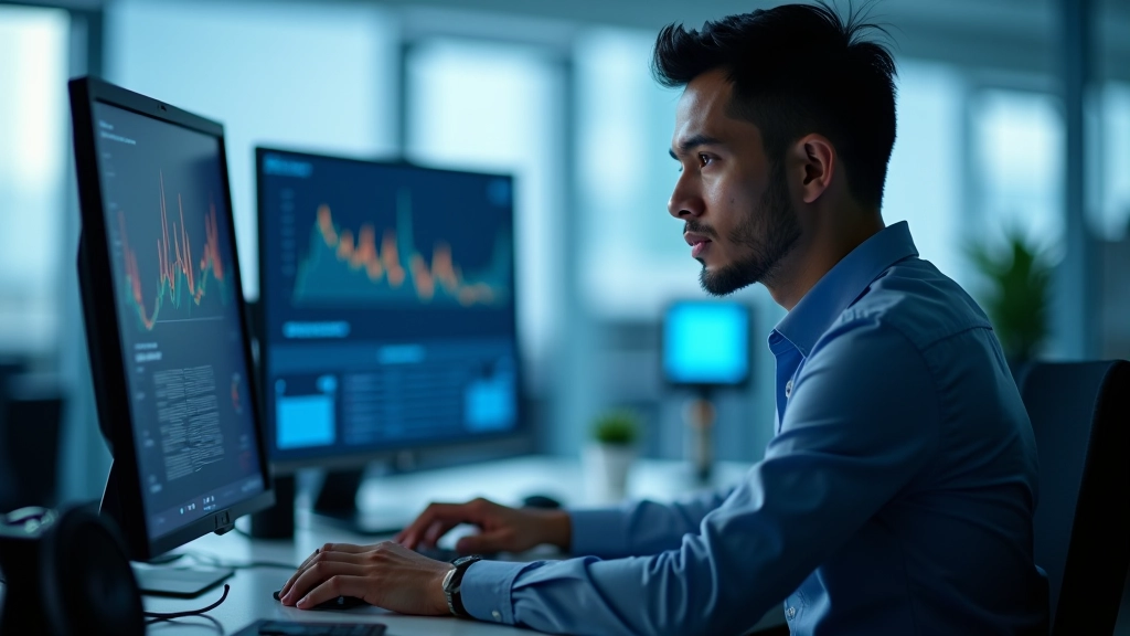 Professional data analyst reviewing semiconductor market trends and chip cycle analytics on multiple displays