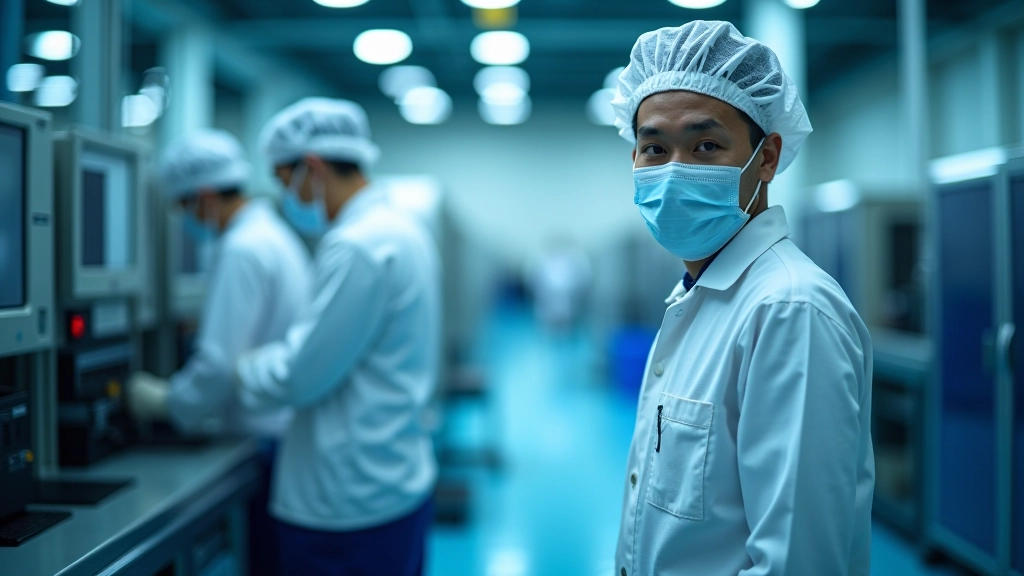 Manufacturing facility floor showing semiconductor equipment, precision machinery, and production line infrastructure in modern clean room environment