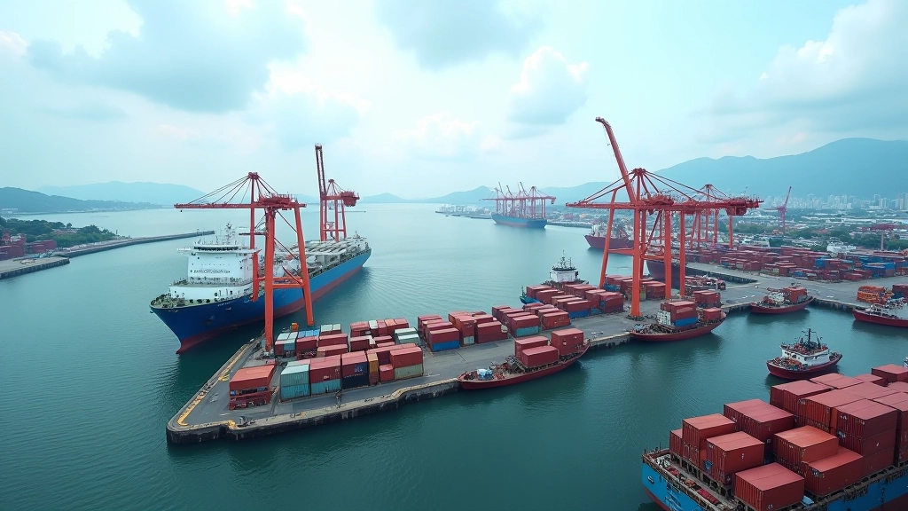 Port terminal showing containers and cargo ships representing Malaysia's export logistics and international trade infrastructure