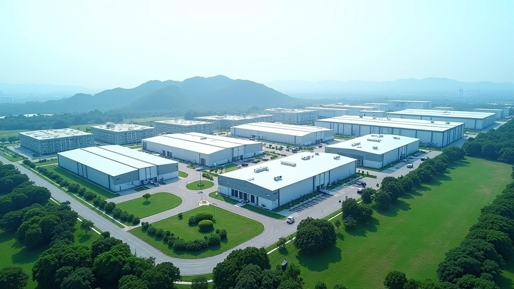 Industrial zone landscape showing modern manufacturing buildings, infrastructure development, and organized industrial park in Malaysia's semiconductor cluster