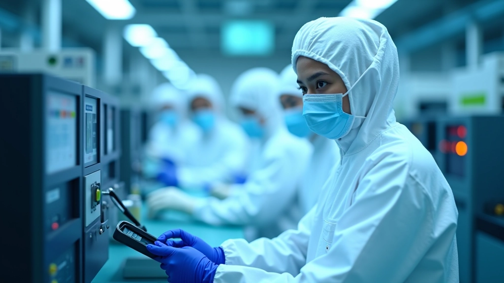 Modern semiconductor fabrication facility interior showing clean room environment with advanced manufacturing equipment and controlled atmosphere