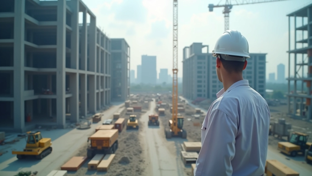 Construction site of new semiconductor manufacturing facility showing building framework, industrial equipment setup, and project planning infrastructure