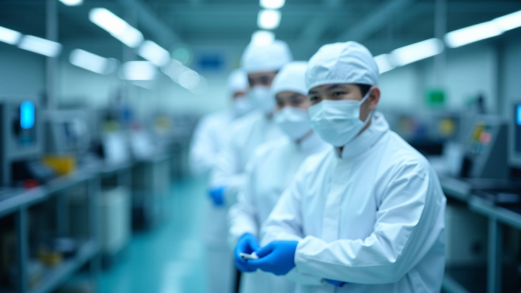 Modern semiconductor fabrication plant interior with cleanroom technology and advanced manufacturing equipment
