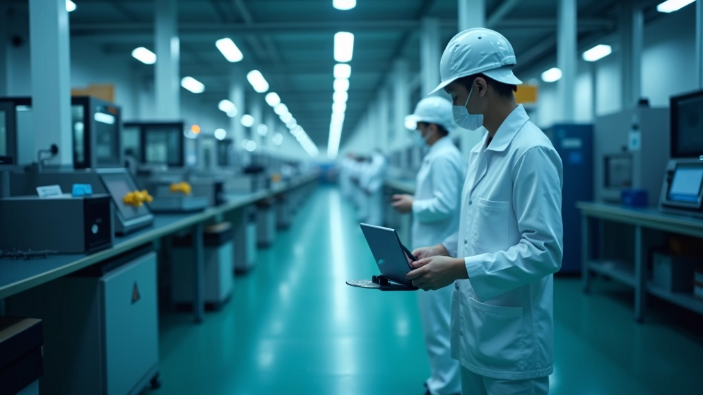 Production line showing automated wafer handling systems and robotic equipment in semiconductor manufacturing facility with organized workstations
