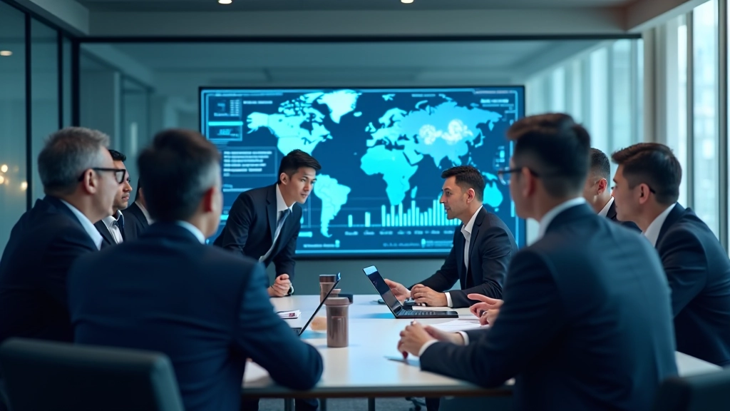 Team members collaborating on semiconductor industry strategy and market analysis in professional setting